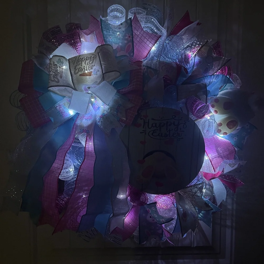 Handmade Spring Happy Easter Bunny Bum Prelit Ribbon Wreath 22 in LED W23